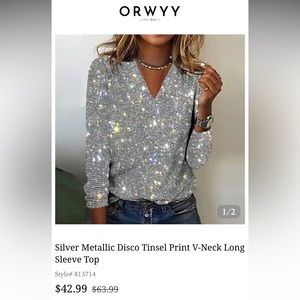 NWT “Silver” Metallic Disco Print V-Neck Long Sleeve Top - size Large